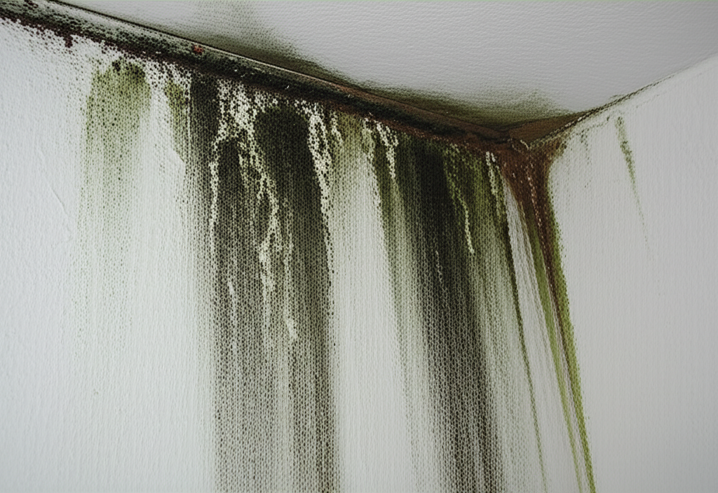 Parede com infiltração e mofo próximo ao telhado, indicando problemas de calha.