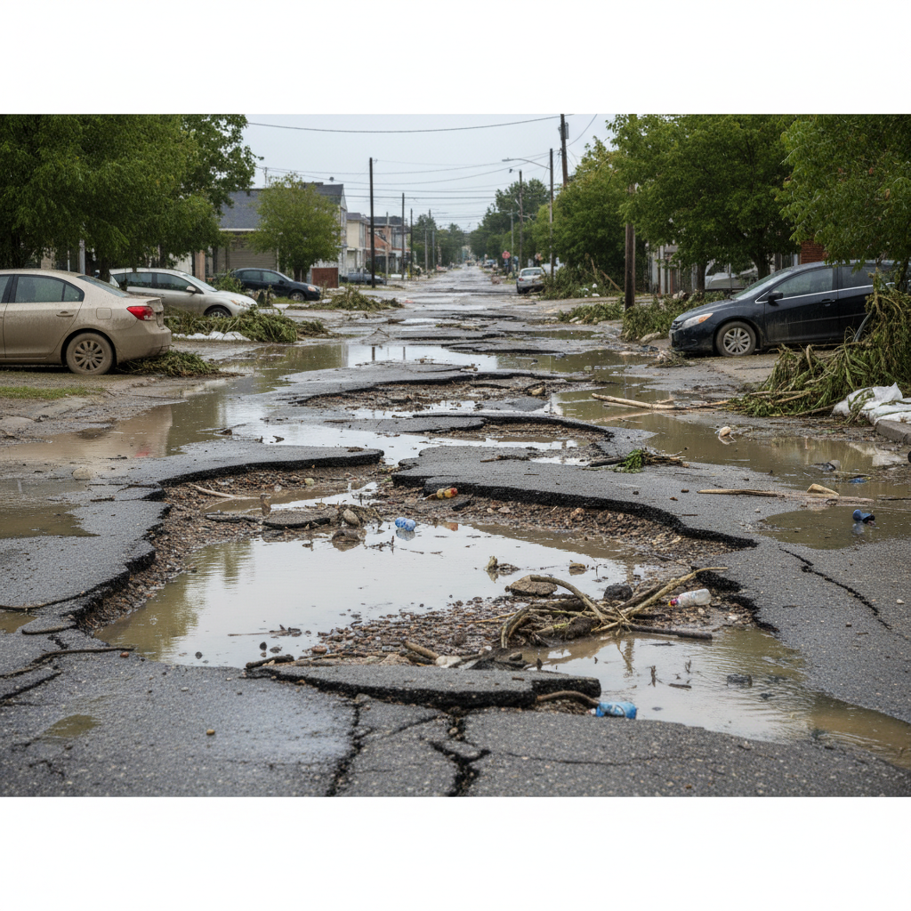 Asfalto danificado e buracos em rua após uma enchente.