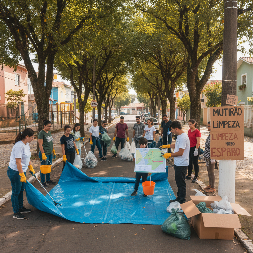 Grupo de moradores organizando uma ação de limpeza de seu bairro.