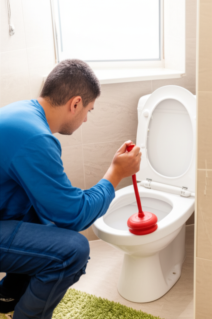 Inquilino utilizando um desentupidor de borracha para solucionar um entupimento.