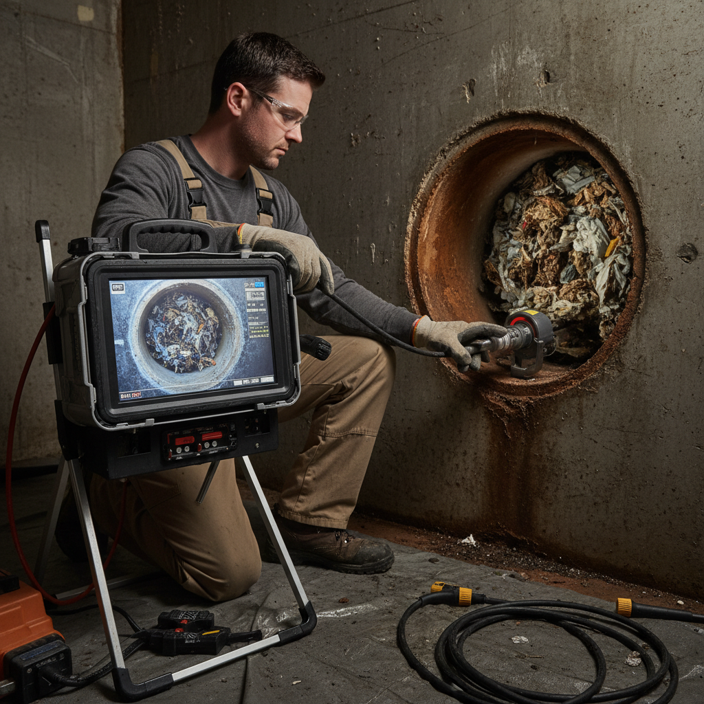 Técnico especializado utilizando um equipamento de inspeção de vídeo com câmera de alta resolução, inserindo-o em uma tubulação de esgoto. A tela do equipamento mostra uma imagem nítida do interior do cano, revelando uma obstrução específica. Foco na precisão e tecnologia.