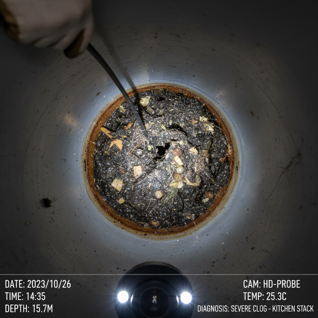 Visão detalhada da tubulação interna de um imóvel, mostrando um entupimento severo sendo visualizado através de uma câmera de inspeção de vídeo utilizada por um profissional, destacando a precisão do diagnóstico. A imagem deve ser de alta resolução e com foco técnico.