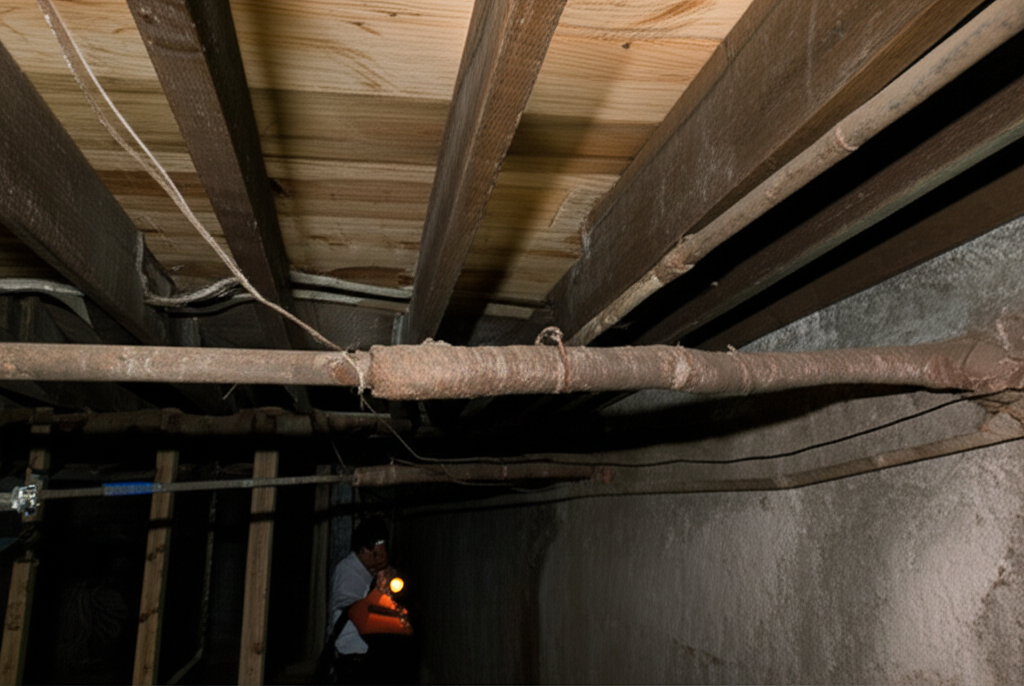 Inspeção de canos antigos em porão de casa, procurando por sinais de corrosão ou vazamentos.