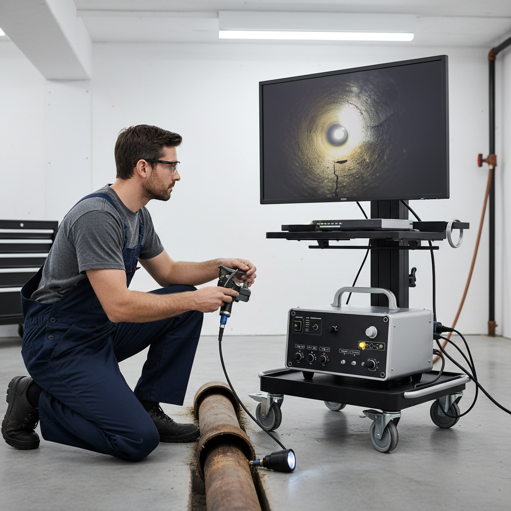 Imagem de um técnico realizando uma inspeção por vídeo em um encanamento antigo, com a tela do monitor exibindo a condição interna da tubulação. O ambiente é limpo e a tecnologia é o foco, transmitindo precisão no diagnóstico.