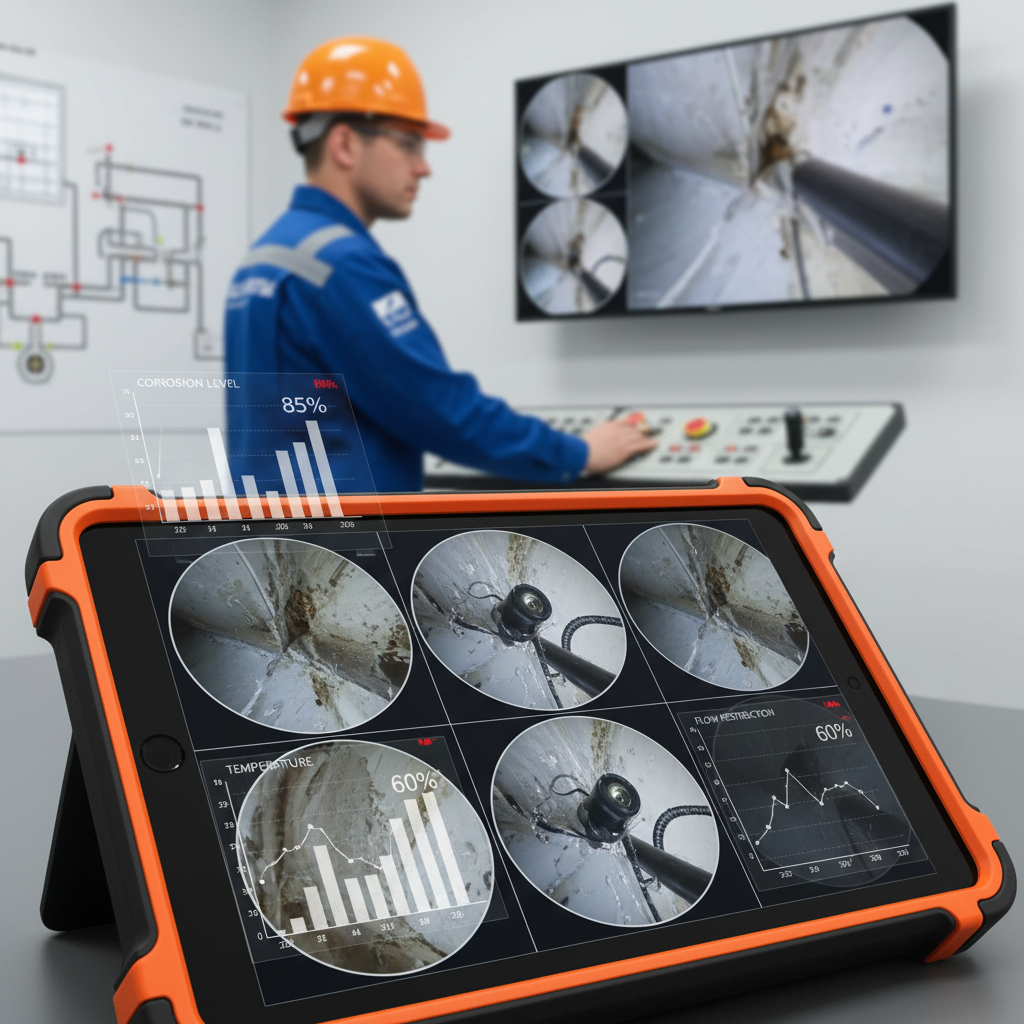 Um tablet mostrando imagens de vídeo de uma inspeção interna de tubulação realizada por uma microcâmera robótica, com gráficos de diagnóstico superpostos. Ao fundo, um técnico em uniformec observa um monitor maior.