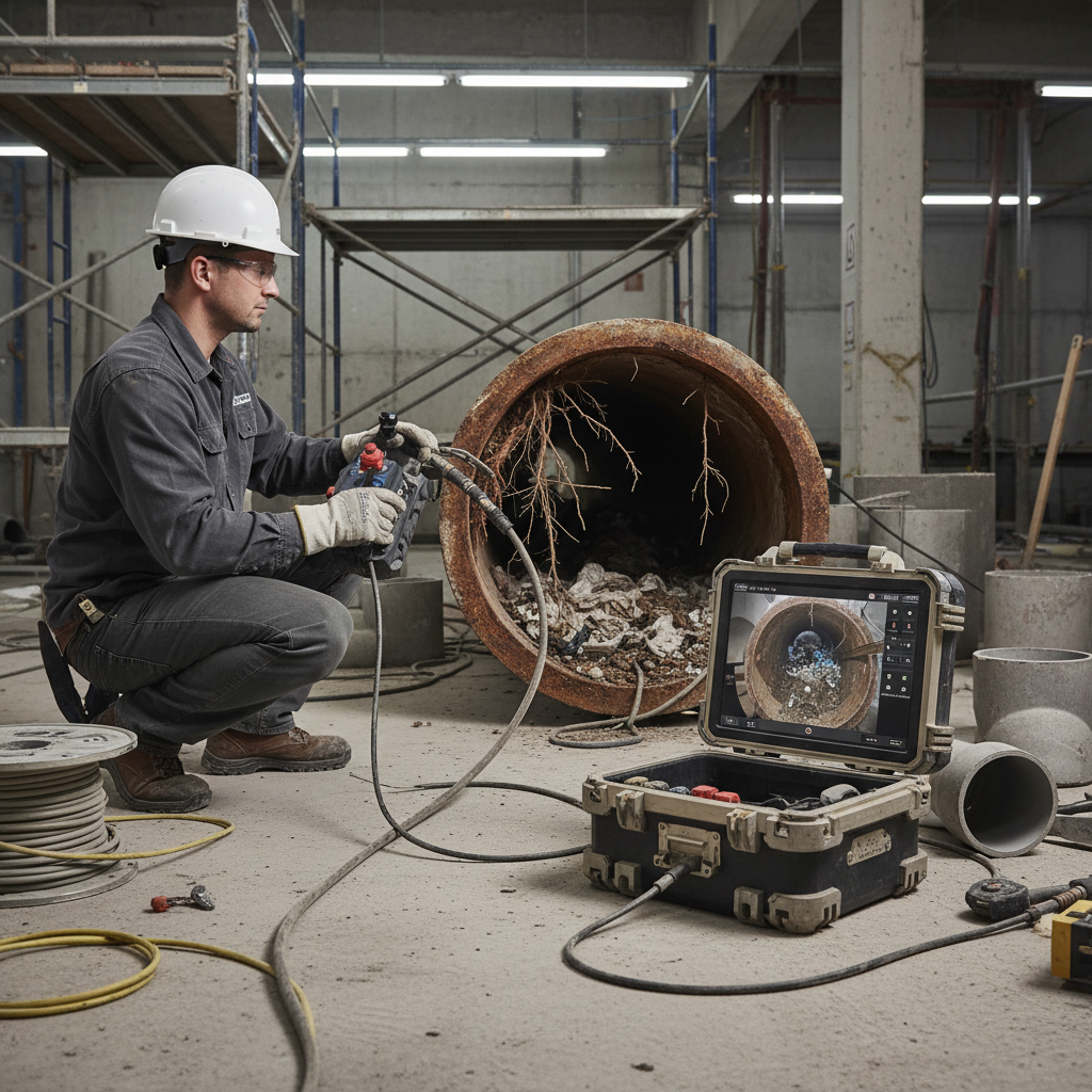 Um técnico especializado operando um equipamento de vídeo inspeção de tubulações, com um monitor exibindo a imagem interna de um encanamento antigo, revelando rachaduras, raízes e obstruções em tempo real, em um ambiente de construção ou manutenção.