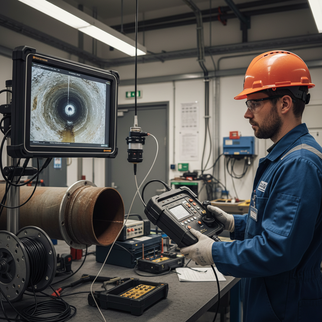 Um técnico especializado operando um equipamento de inspeção por vídeo em uma tubulação, com uma tela exibindo o interior do encanamento, em um ambiente profissional e técnico.