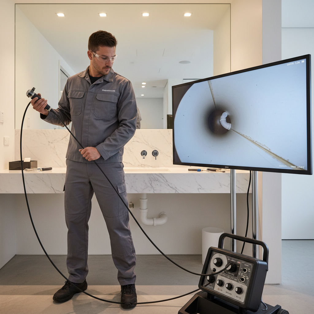 Técnico utilizando câmera de inspeção por vídeo em um encanamento de um apartamento, com um monitor mostrando as imagens internas das tubulações. O cenário é de um ambiente moderno e limpo, enfatizando a precisão tecnológica.