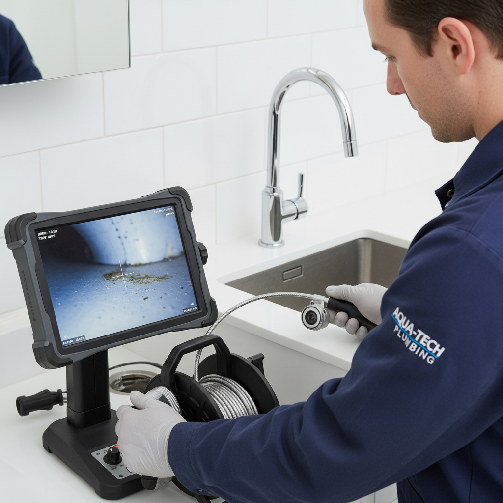 Imagem de um técnico especializado utilizando equipamento de inspeção por vídeo em uma tubulação. O ambiente é um banheiro ou cozinha limpo, e a tela do equipamento exibe a imagem interna do encanamento, com foco na precisão técnica.