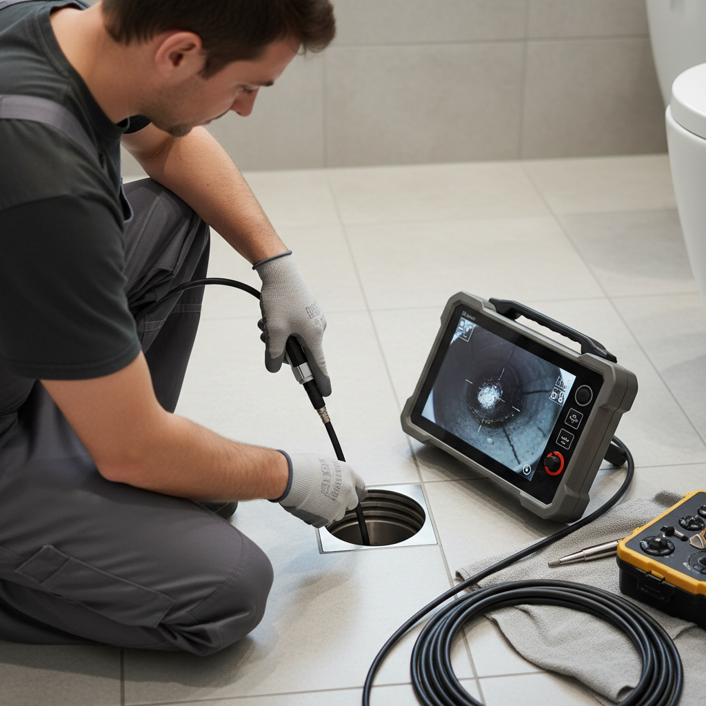 Um técnico especializado operando um equipamento de inspeção por vídeo em um ralo de apartamento, com a imagem da câmera sendo exibida em um monitor portátil, focando na tecnologia e precisão da ferramenta.