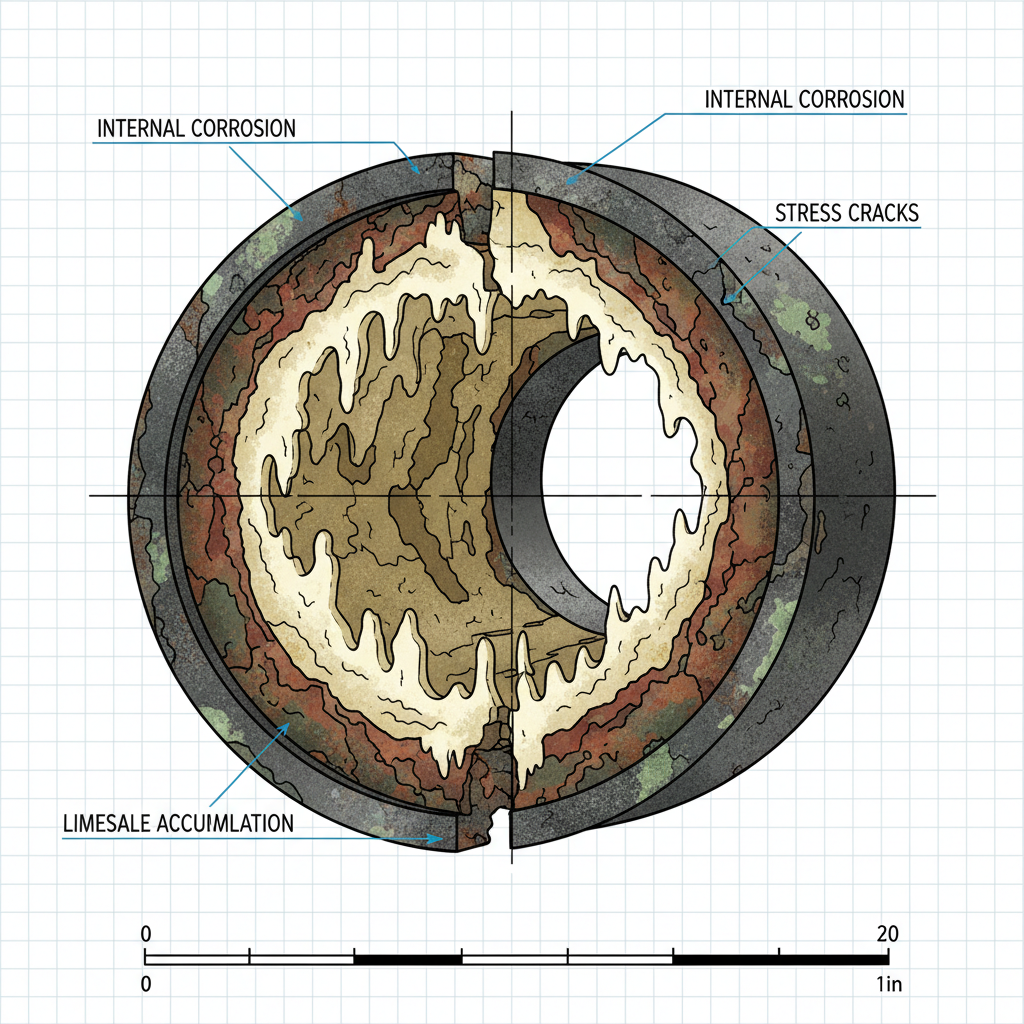 Uma imagem técnica de um corte transversal de uma tubulação antiga, mostrando corrosão interna, acúmulo de calcário e rachaduras. Foco nos materiais e desgaste.