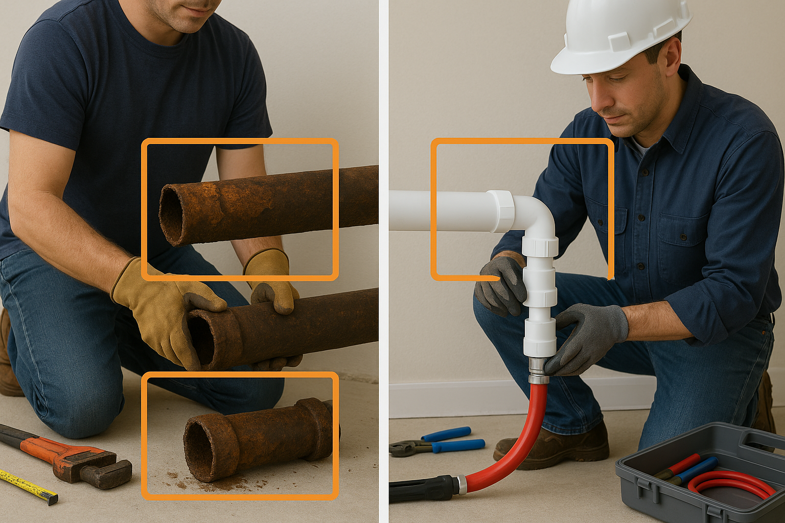 Esquema comparativo de tubulações antigas (ferro fundido corroído) versus tubulações modernas (PVC ou PEX), com um destaque para a substituição de trechos danificados e a instalação de novas conexões, em um contexto de obra limpa e organizada.