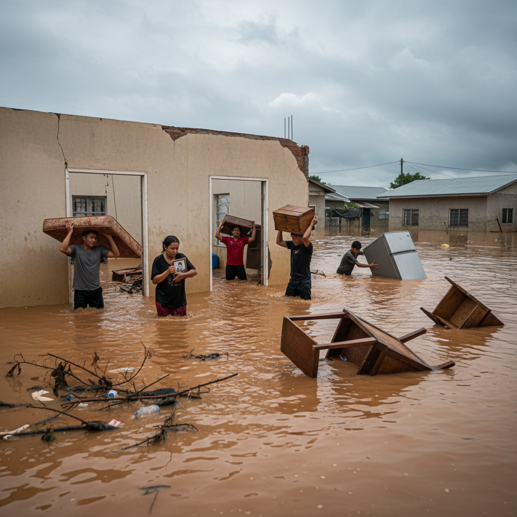 Pessoas resgatando pertences de uma casa invadida pela água da enchente.