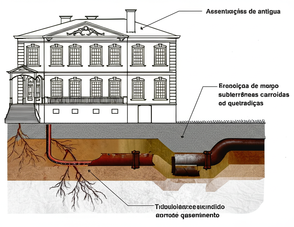 Representação em corte de uma casa antiga, mostrando as fundações e, em destaque, tubulações subterrâneas de ferro fundido corroídas e quebradiças, com o solo ao redor apresentando sinais de assentamento. A arquitetura da casa é clássica.