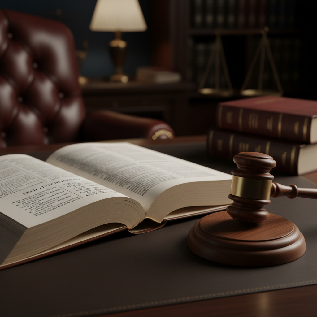 Livro jurídico aberto na seção da Lei do Inquilinato, com um martelo de juiz ao lado, simbolizando a legislação e a tomada de decisão legal. A imagem deve ter um tom sério e profissional, com foco na clareza do texto e na autoridade do objeto. Ambiente de escritório jurídico.