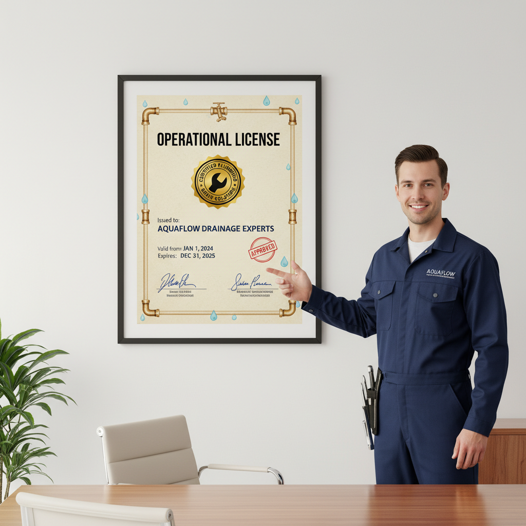 Um certificado ou licença de operação para uma empresa de desentupimento, exibido de forma proeminente em uma parede de escritório, com selos e assinaturas visíveis. Um técnico profissional está de pé próximo a ele, indicando a validação e a expertise da equipe. A cena é limpa e corporativa.