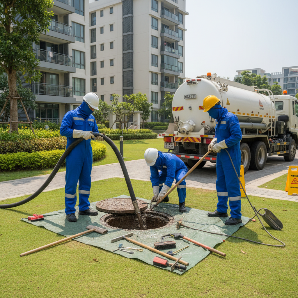 Profissionais uniformizados realizando a limpeza e manutenção de uma caixa de gordura em um condomínio, utilizando equipamentos de sucção e ferramentas específicas. A imagem foca na higiene e na complexidade do serviço. Ambiente externo bem cuidado.