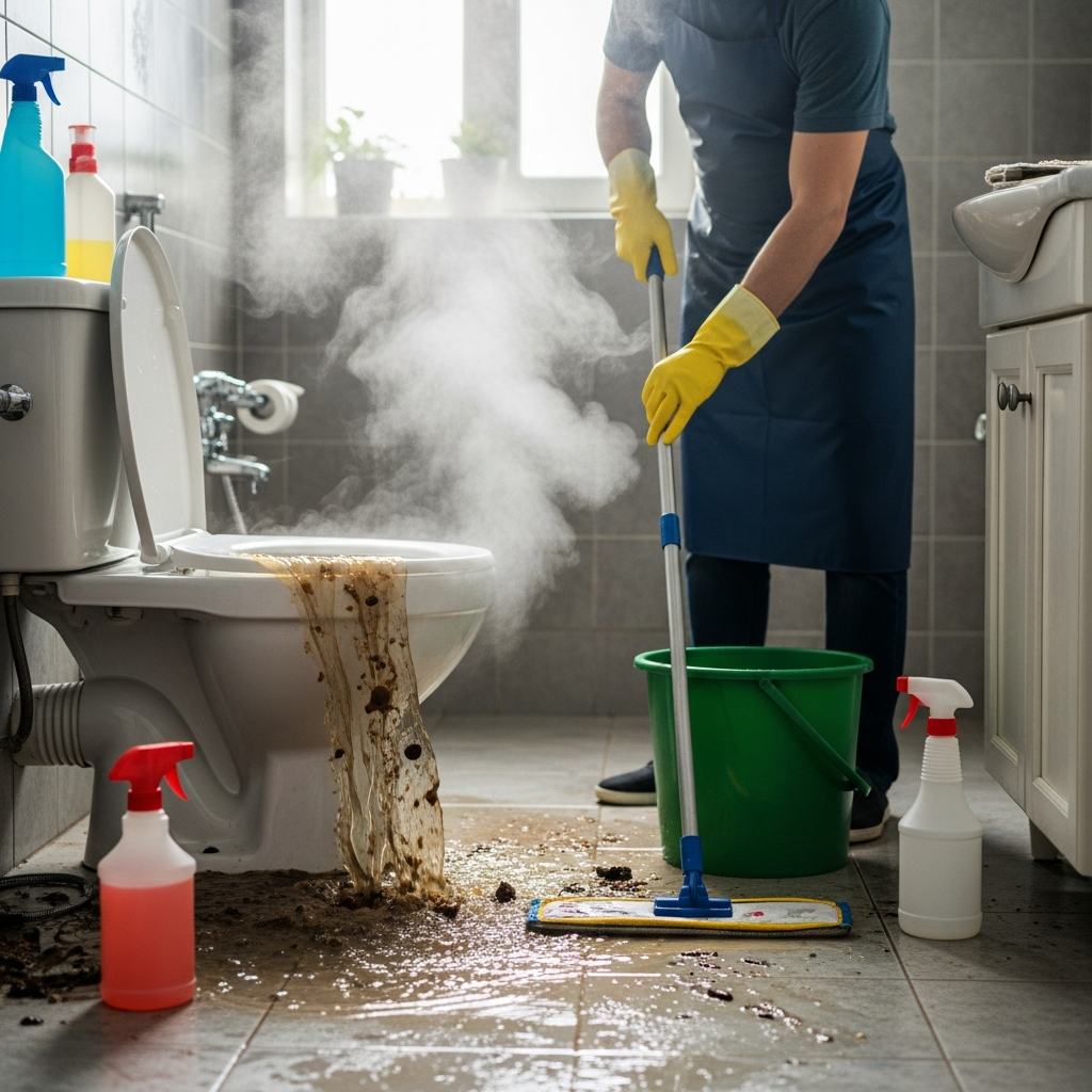 Pessoa utilizando luvas e máscara para limpar área afetada por entupimento.