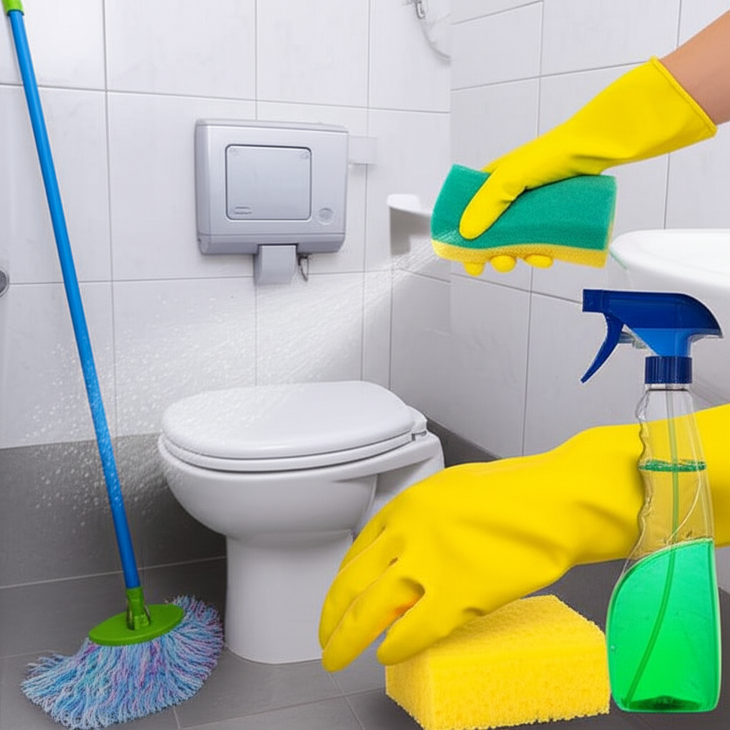 Imagem de produtos de limpeza e desinfecção sendo utilizados em um banheiro.