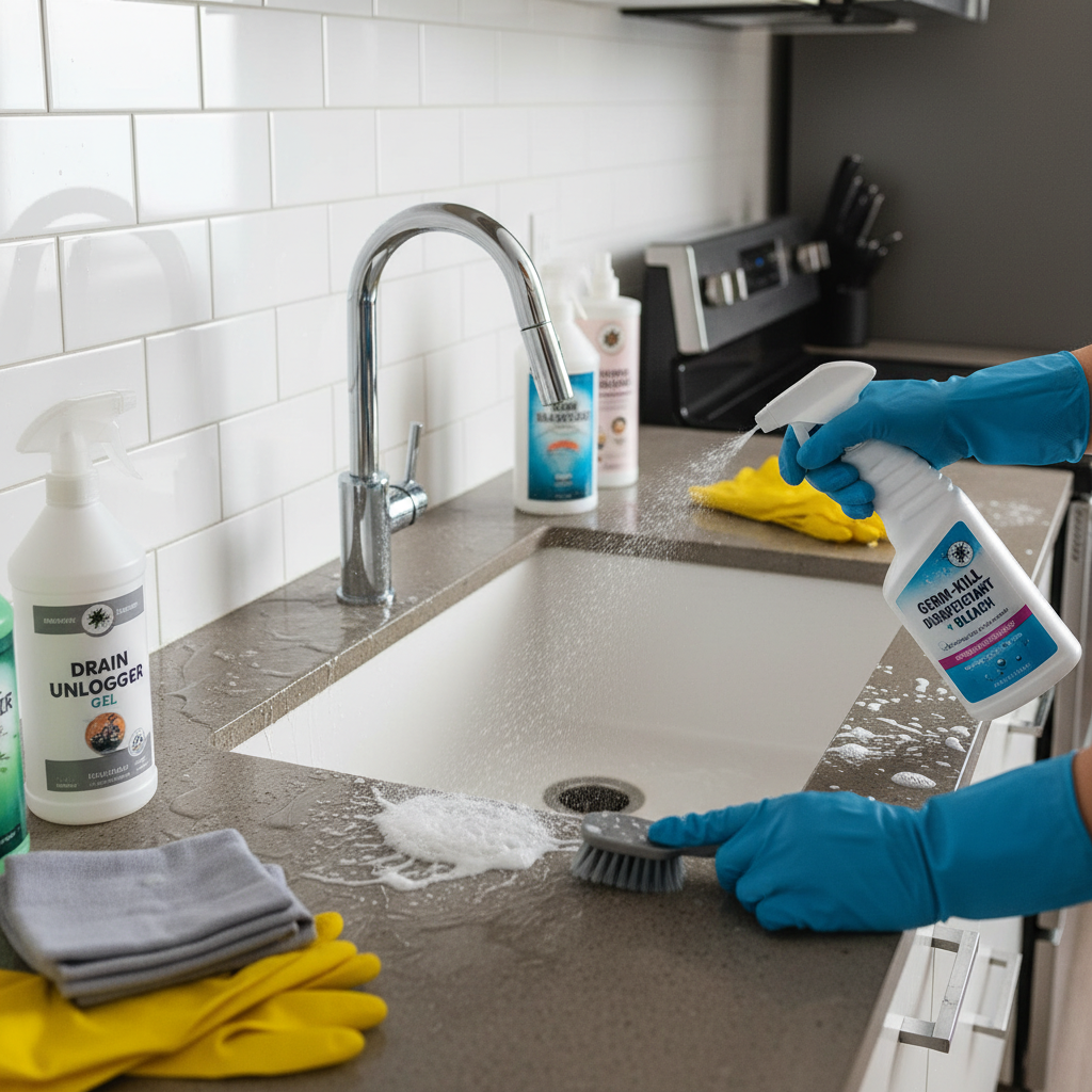 Representação visual de um ambiente de banheiro ou cozinha em um apartamento, com um foco técnico em superfícies molhadas por refluxo de água, onde produtos de limpeza e desinfetantes estão sendo aplicados por luvas.