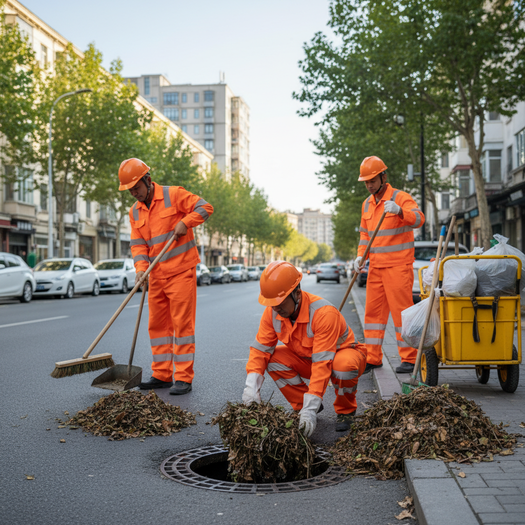 Equipe de limpeza urbana realizando varrição e desobstrução manual de um bueiro.