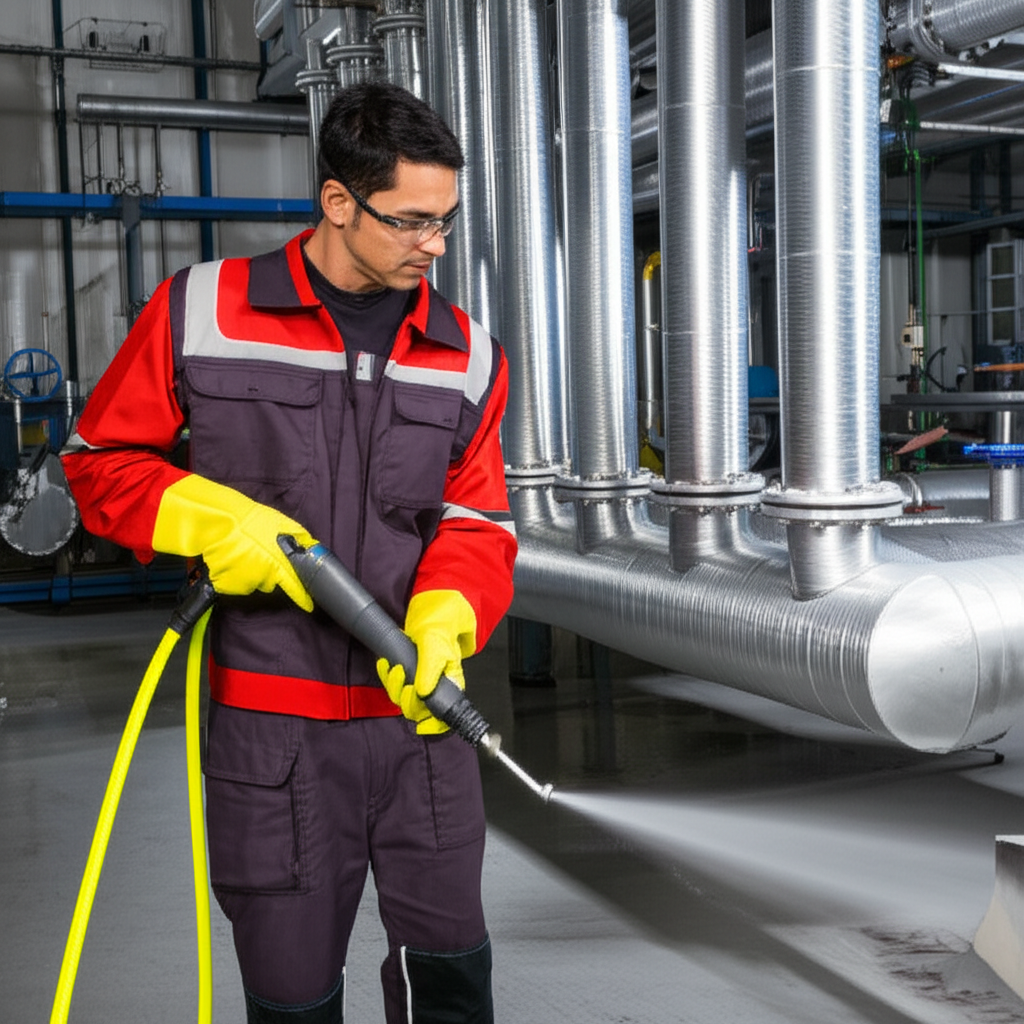 Funcionário realizando limpeza preventiva em tubulações com equipamento profissional.