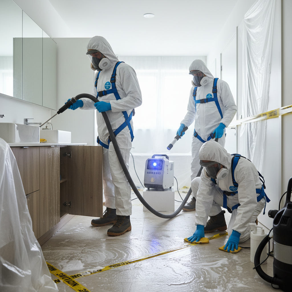 Equipe de limpeza profissional em um apartamento, utilizando equipamentos especializados como vaporizadores ou máquinas de ozônio, com foco na desinfecção de áreas de difícil acesso e na garantia de um ambiente estéril após um incidente de entupimento grave. Uniformes e equipamentos técnicos.