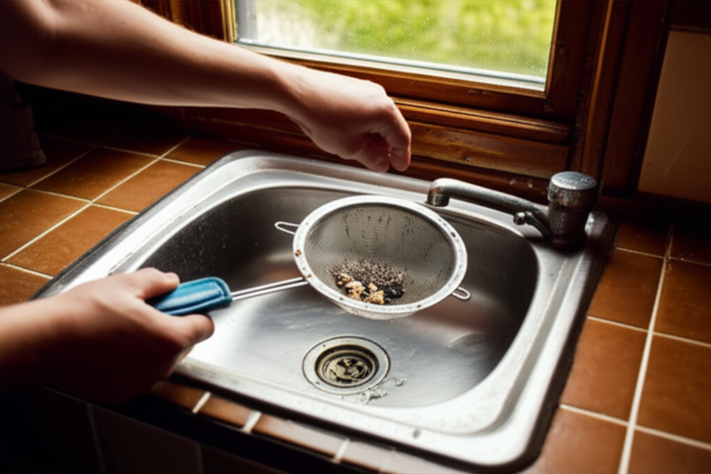 Pessoa realizando limpeza de ralo de pia com peneira para evitar acúmulo de detritos em uma cozinha de casa antiga.
