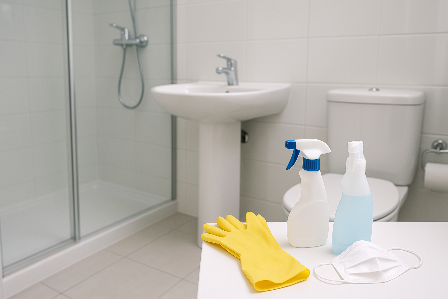 Representação visual de um banheiro recém-limpo e desinfetado após um incidente de entupimento, com superfícies brilhantes e equipamentos de proteção individual (luvas, máscara) em destaque. A iluminação é clara e transmite sensação de higiene.