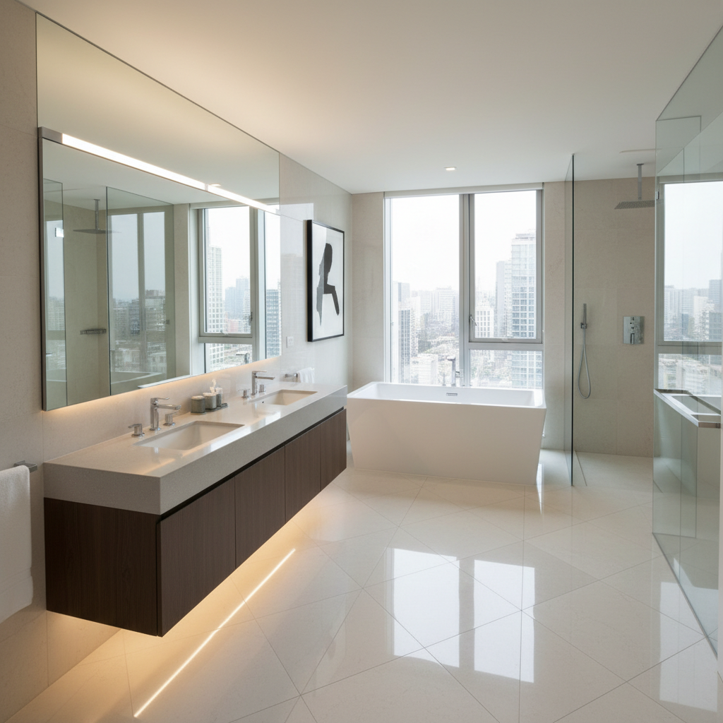 Close-up técnico de uma escova de limpeza de tubulações sendo inserida metodicamente em um ralo de pia de aço inoxidável, ilustrando a ação de limpeza mecânica para remoção de biofilmes e desinfecção precisa. Ambiente de cozinha ou banheiro profissionalmente limpo.