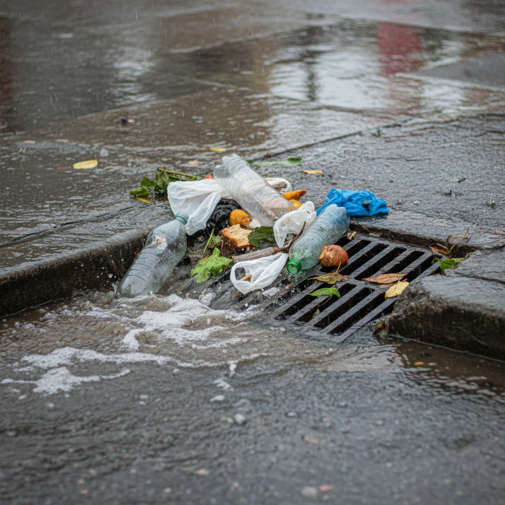 Imagem de diversos tipos de lixo (garrafas, sacolas, restos de comida) sendo arrastados pela água da chuva em direção a um bueiro.