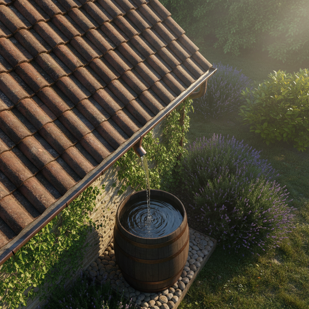 Uma vista aérea de um telhado de uma casa antiga bem cuidado, com calhas limpas e sem detritos, e um sistema de drenagem de água da chuva funcionando perfeitamente, com a água escoando para um barril de captação. A imagem deve evocar tranquilidade, eficiência e um senso de dever cumprido em relação à manutenção.