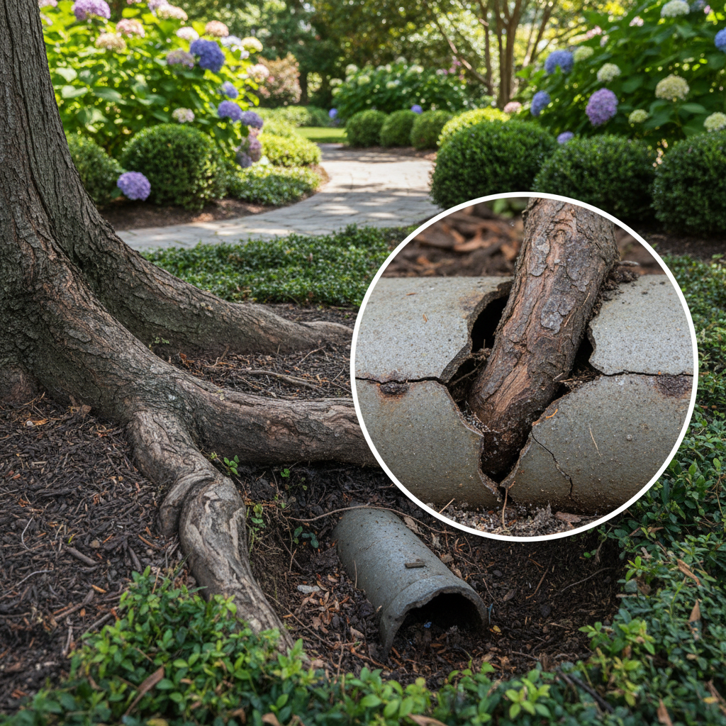 Uma raiz de árvore grande e robusta crescendo próximo a uma tubulação subterrânea, com a imagem ampliada mostrando a raiz penetrando uma rachadura no cano, em um cenário de jardim bem cuidado, indicando o problema sem comprometer a estética.