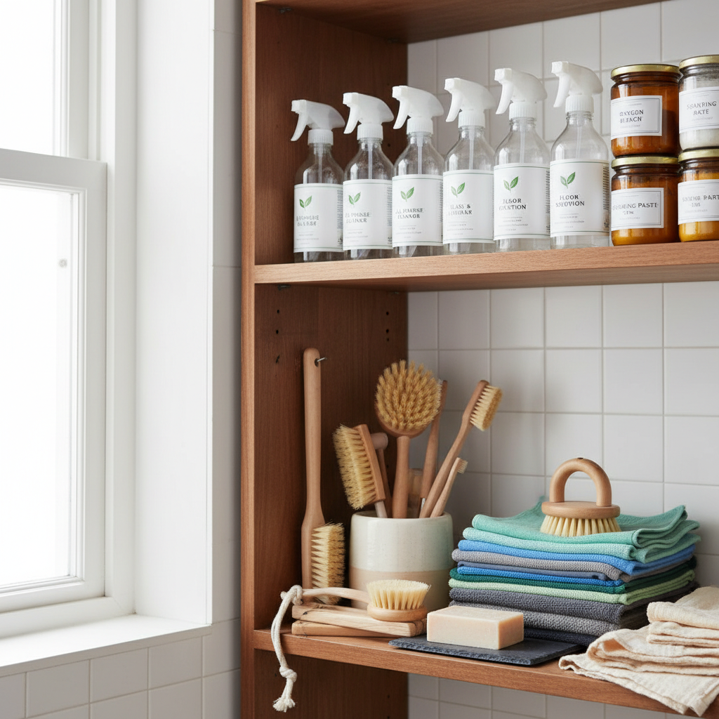 Uma prateleira organizada de produtos de limpeza ecológicos e ferramentas de manutenção, como escovas de cerdas firmes, panos de microfibra, e sprays rotulados. A luz deve ser clara e o ambiente, limpo e ordenado.