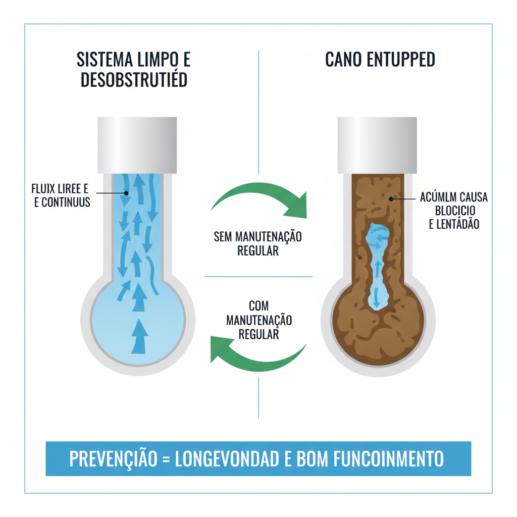 Diagrama mostrando um sistema de encanamento limpo e com fluxo desobstruído, contrastando com um cano entupido. Setas indicam a importância da manutenção regular para garantir a longevidade e o bom funcionamento da rede hidráulica. O foco é na clareza e na mensagem de prevenção.
