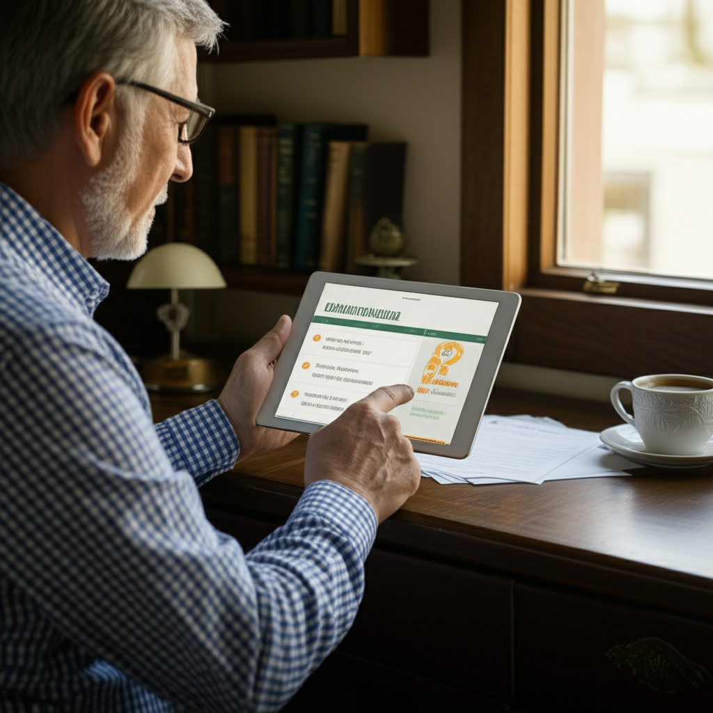 Proprietário de casa antiga consultando um calendário de manutenção em um tablet, com lembretes sobre limpeza de caixas de gordura, inspeção de drenos e descarte consciente. O ambiente é um escritório doméstico organizado e focado na prevenção.