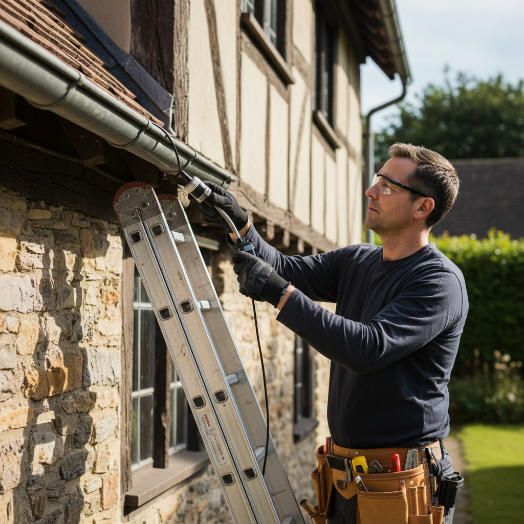 Um profissional de manutenção, equipado com luvas, óculos de segurança e um cinto de ferramentas, está inspecionando uma calha de metal antiga em uma casa histórica. Ele utiliza uma câmera de inspeção em miniatura para verificar o interior da calha, enquanto uma escada estável está apoiada na lateral. A imagem deve transmitir expertise e cuidado técnico.