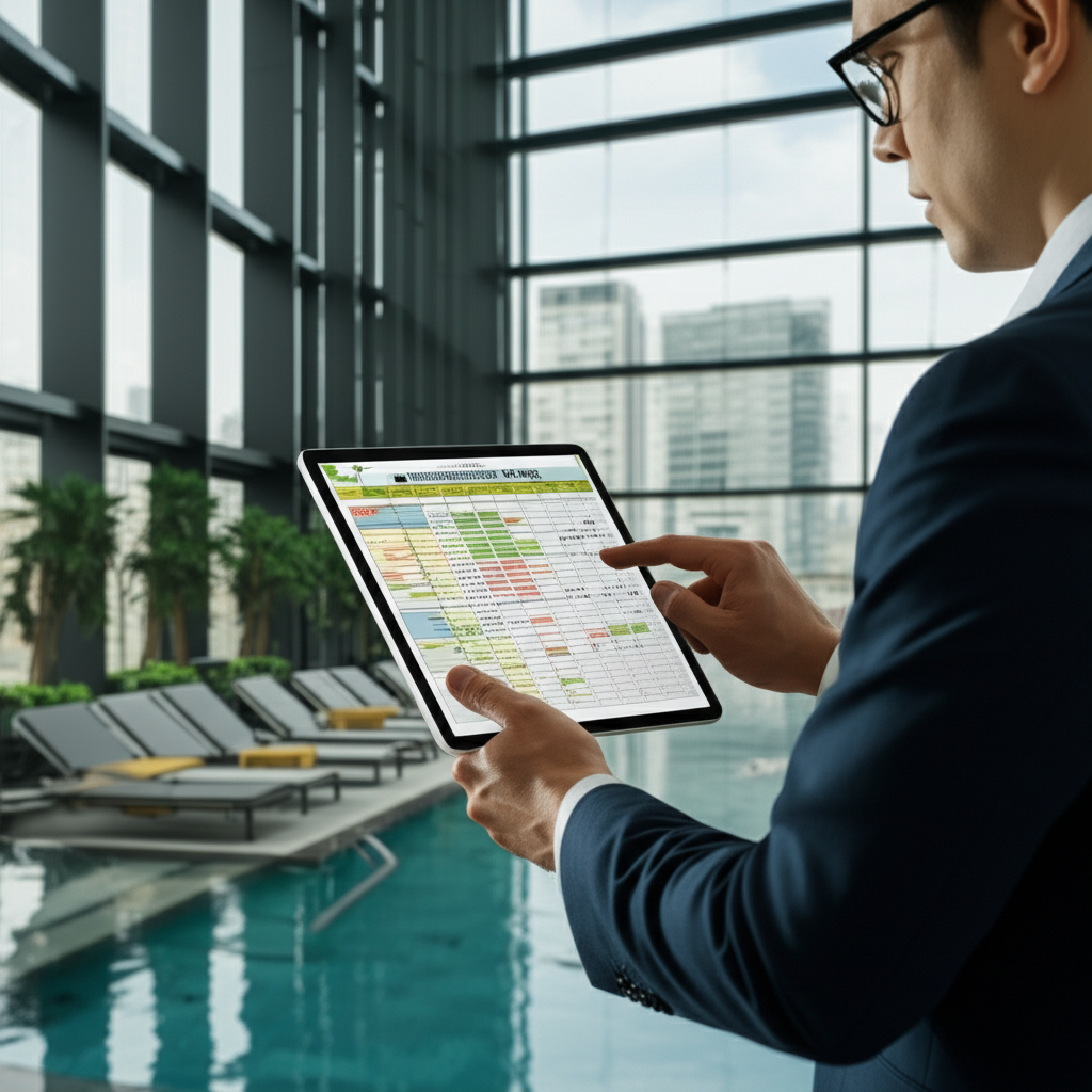 Gestor predial ou proprietário revisando um cronograma de manutenção preventiva em um tablet, com um fundo desfocado de uma área comum de um edifício de alto padrão em São Paulo, como uma piscina ou academia, simbolizando a gestão de infraestrutura.