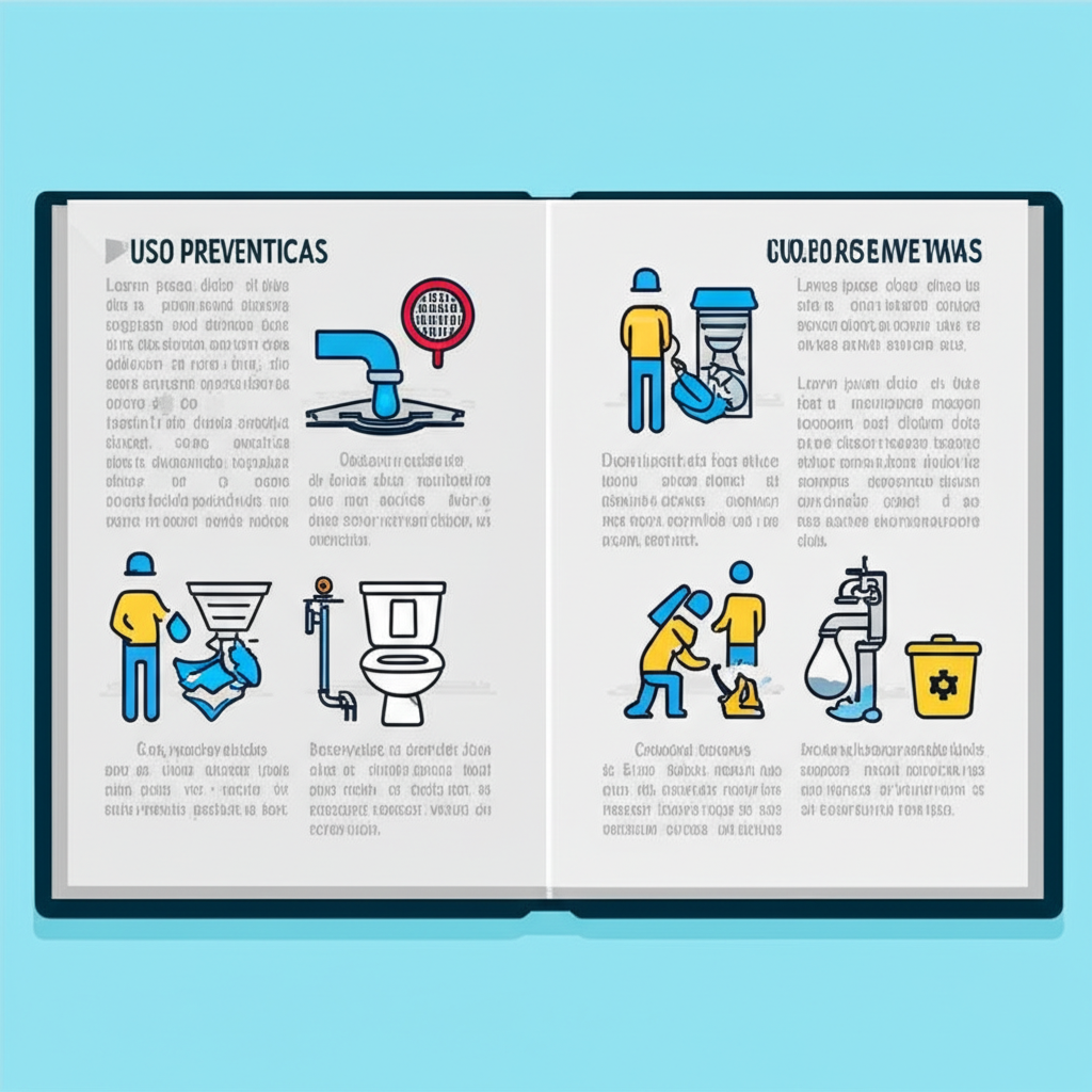 Infográfico em estilo de manual, com ilustrações de ações preventivas: uso de peneiras em ralos, descarte correto de óleo de cozinha, não jogar lixo no vaso sanitário, e a importância de inspeções periódicas. O design deve ser informativo e de fácil compreensão.