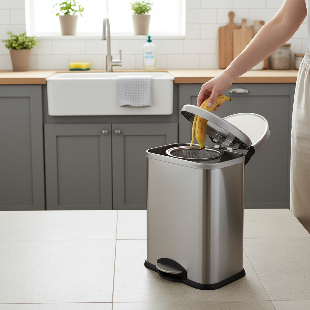 Pessoa descartando lixo corretamente em uma lixeira, enquanto ao fundo, uma pia de cozinha tem uma tela de proteção no ralo para evitar a entrada de detritos maiores, em um ambiente limpo e organizado.