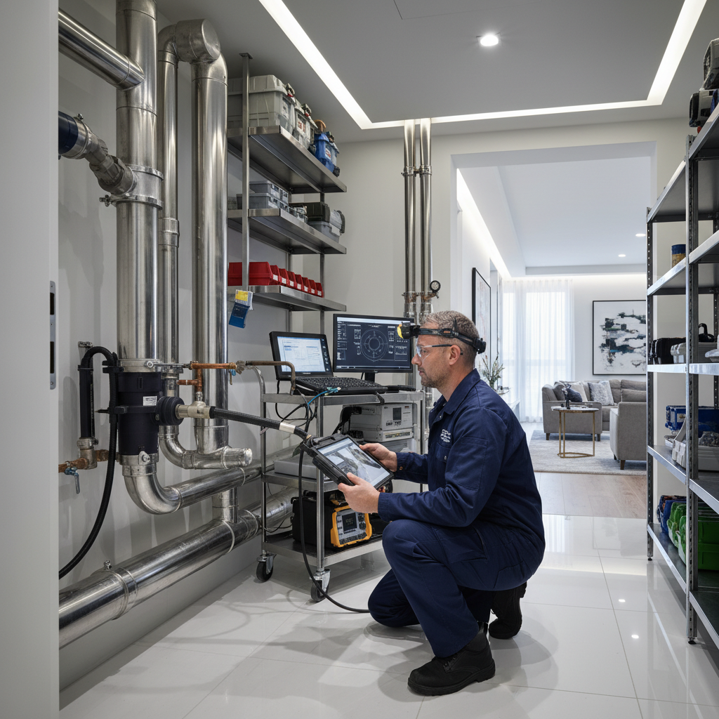 Um técnico especializado realizando uma inspeção preventiva em um sistema de tubulações de um apartamento de luxo, utilizando equipamentos modernos como câmera de inspeção, em um ambiente limpo e organizado.