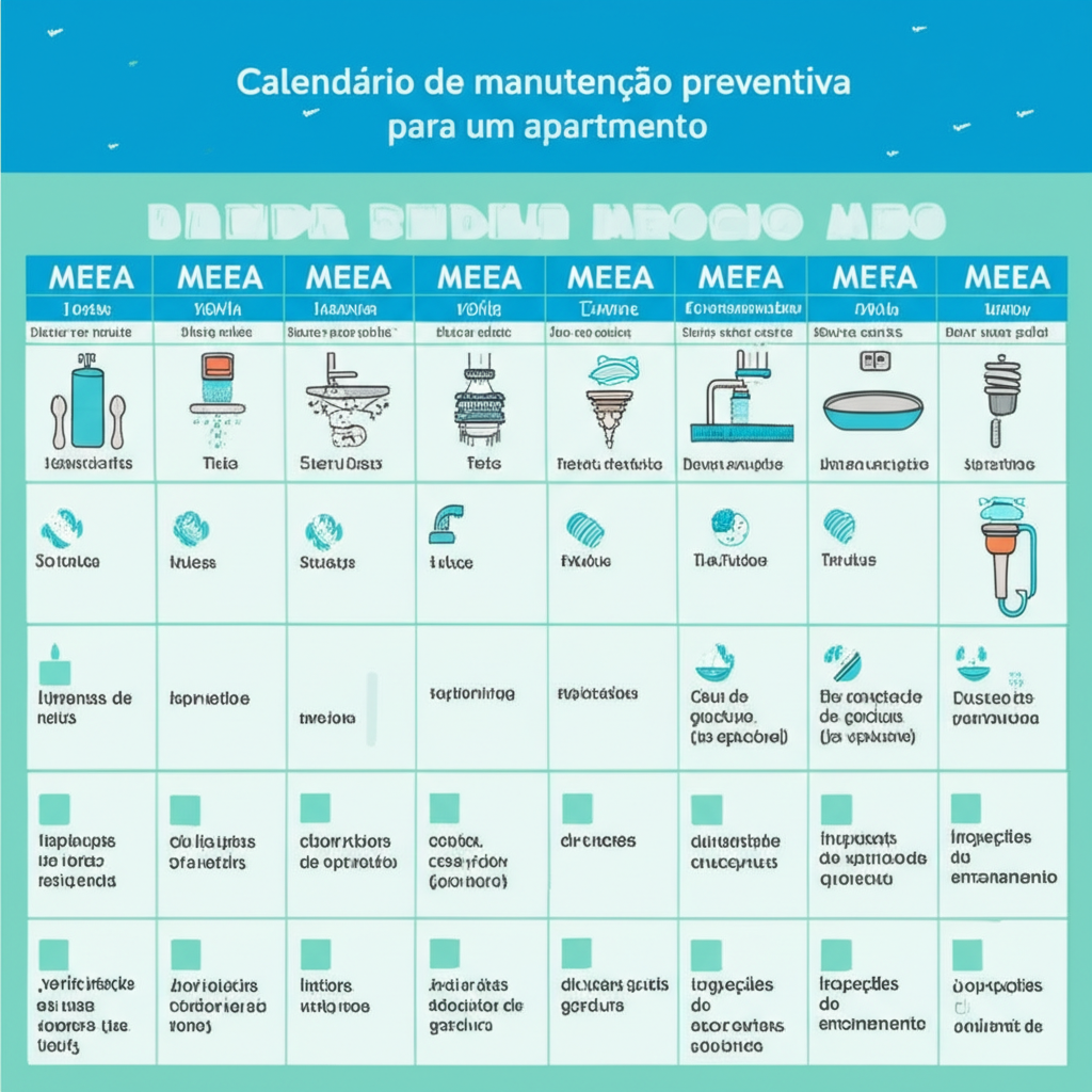Calendário de manutenção preventiva para um apartamento, destacando semanas ou meses para limpeza de ralos, verificação de caixas de gordura (se aplicável), e inspeções anuais de encanamento, com pequenos ícones indicando as ações. O estilo deve ser organizado e prático.
