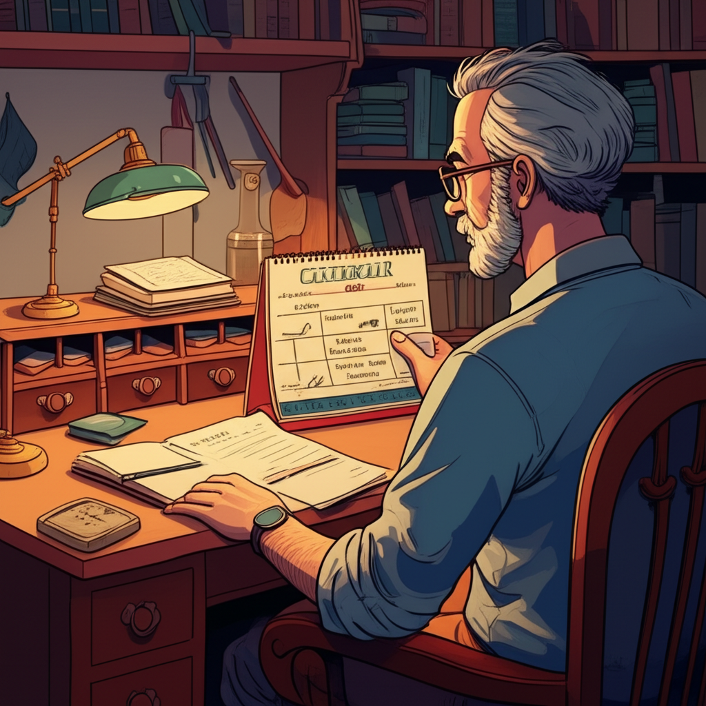 Proprietário de casa antiga consultando um calendário de manutenção, com lembretes sobre limpeza de calhas, caixas de gordura e inspeção periódica de drenos. O ambiente é um escritório doméstico organizado.