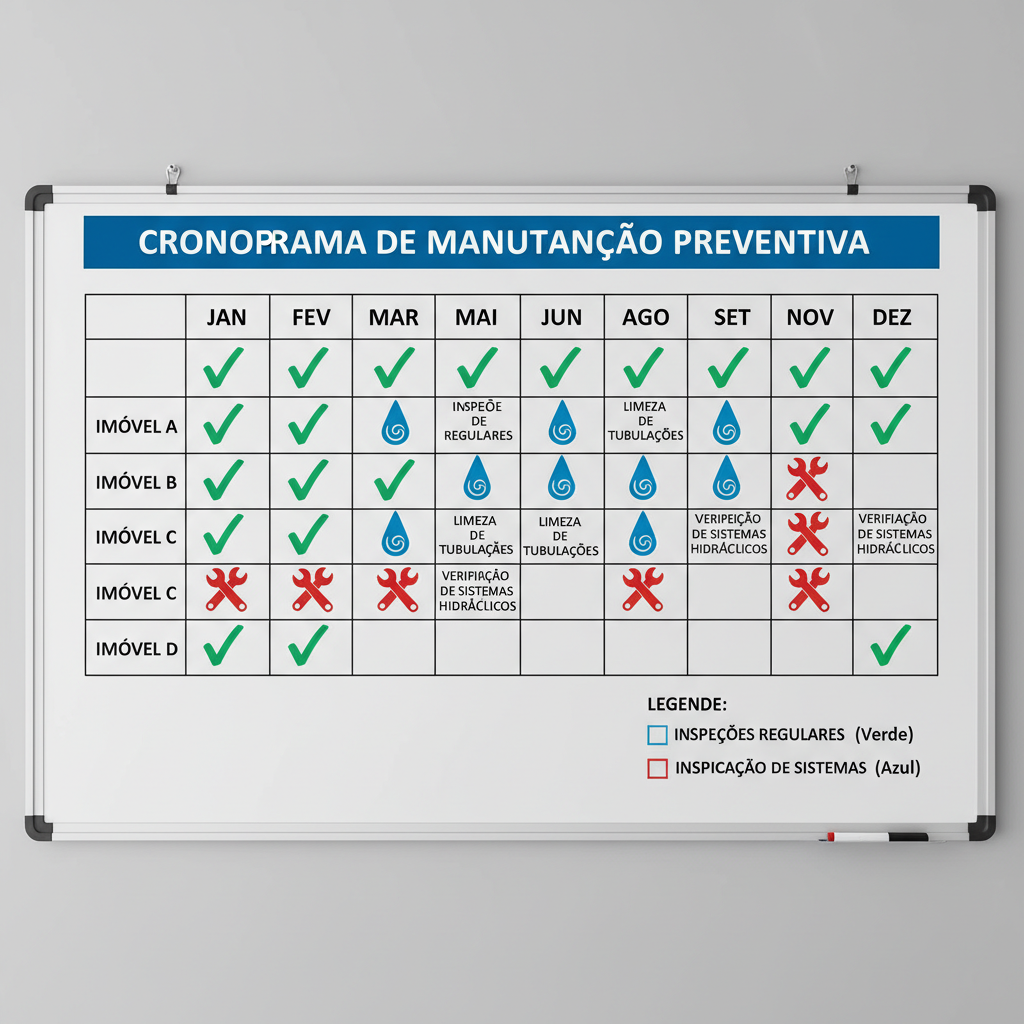 Diagrama de um cronograma de manutenção preventiva, com marcações de inspeções regulares, limpeza de tubulações e verificação de sistemas hidráulicos em diferentes imóveis, ilustrando uma abordagem organizada e antecipatória.