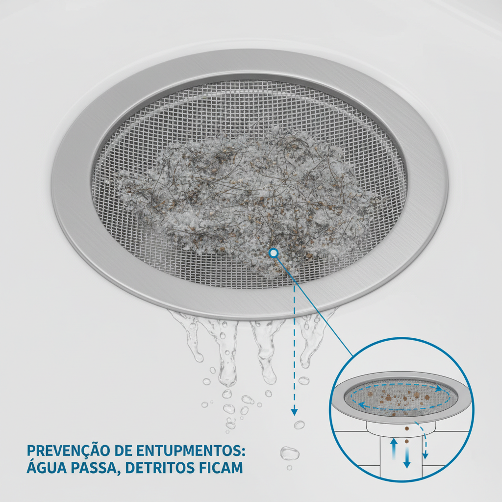 Imagem técnica de um ralo de tanque com uma tela de proteção fina instalada, mostrando a tela filtrando pequenos detritos e fiapos, enquanto a água escoa livremente, simbolizando a prevenção de entupimentos.