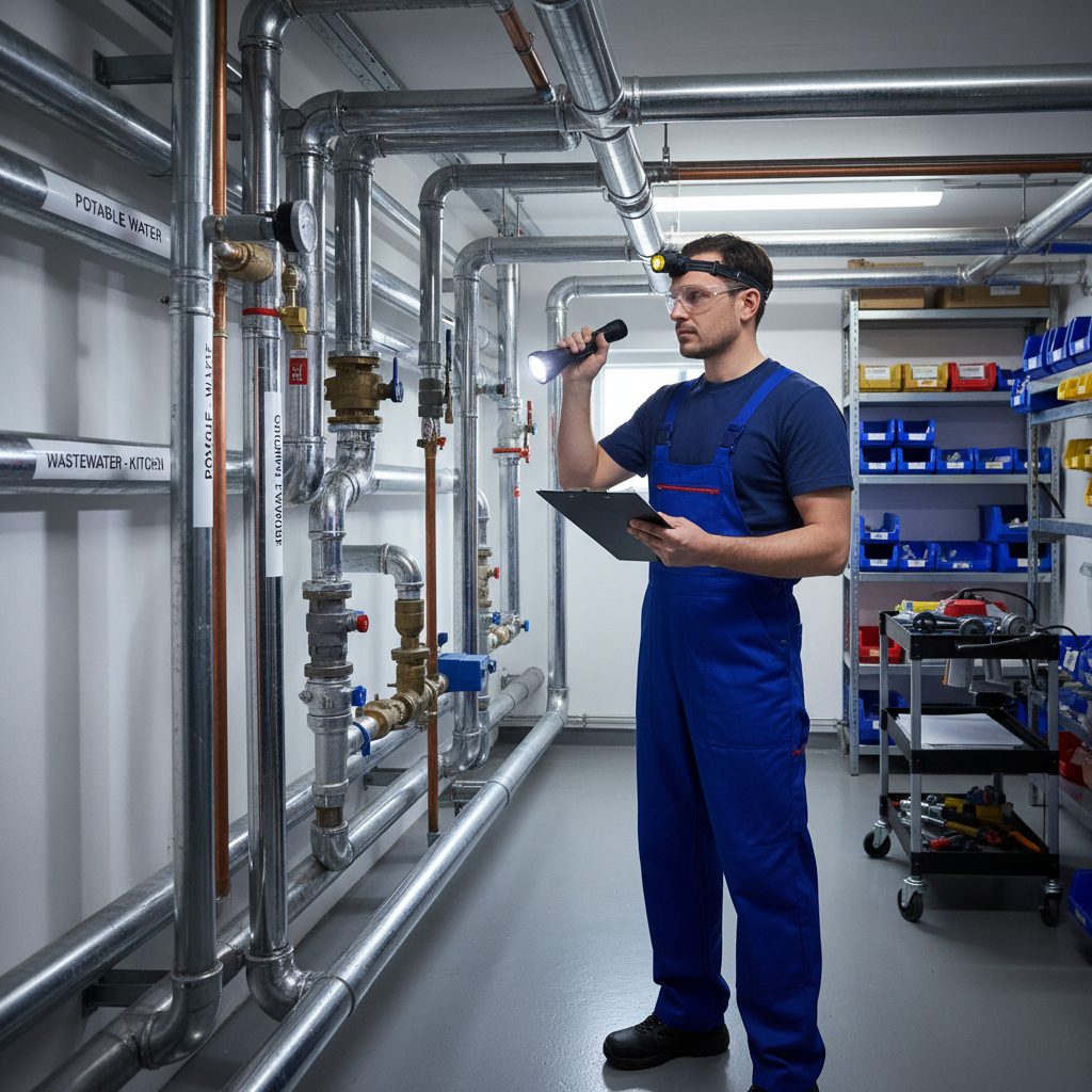 Técnico de desentupimento realizando uma inspeção preventiva em um sistema de encanamento complexo em uma casa ou edifício, usando uma lanterna e anotando em uma prancheta. O ambiente deve ser organizado, transmitindo a ideia de manutenção planejada.