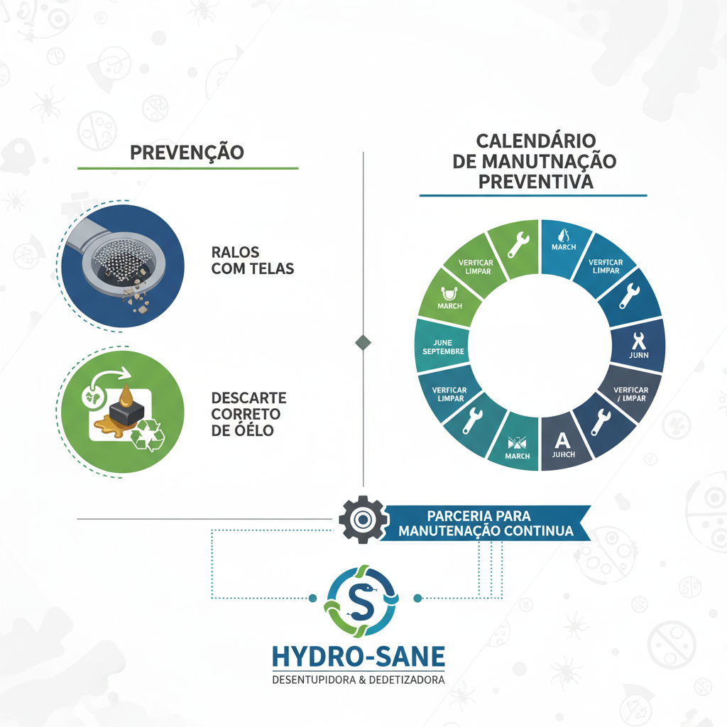 Infográfico que combina elementos de prevenção (ralos com telas, descarte correto de óleo) com um calendário de manutenção preventiva e o logo de uma empresa de desentupimento e dedetização, representando a parceria para a manutenção contínua.