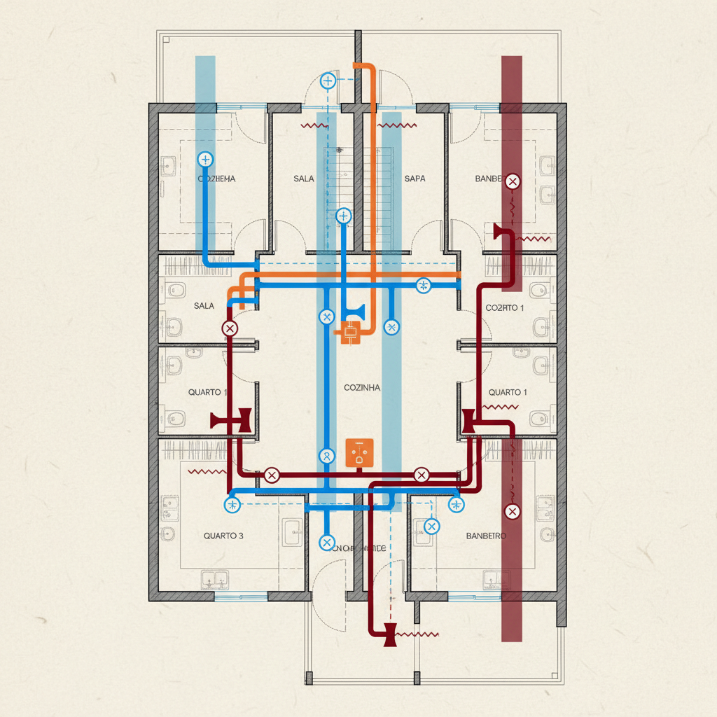 Planta baixa de um edifício com o sistema hidráulico destacado em cores diferentes para água limpa e esgoto, mostrando os pontos de conexão e as colunas. Linhas pontilhadas indicam o fluxo e potenciais pontos de obstrução. Detalhes arquitetônicos em segundo plano.