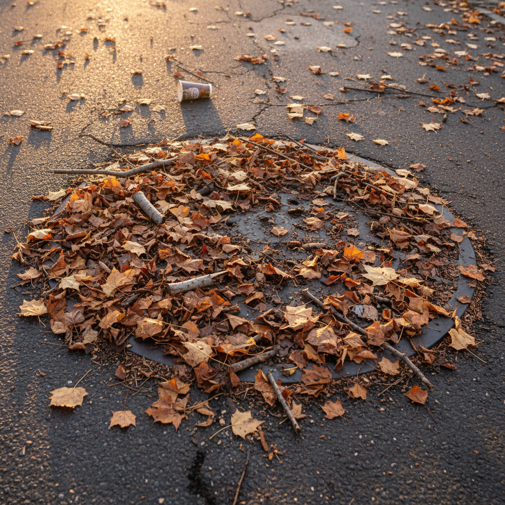 Bueiro parcialmente coberto por uma espessa camada de folhas secas, galhos e terra.