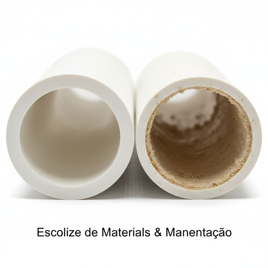 Imagem macro de um corte transversal de tubo de PVC novo, liso e limpo, comparado a um tubo de PVC antigo com leve incrustação interna, evidenciando a importância da escolha de materiais e da manutenção.